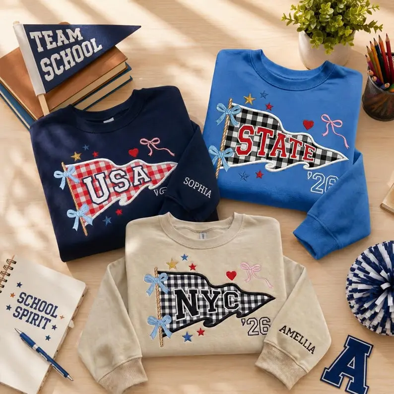 Custom School Spirit Pennant Sweatshirt, Personalized School Mascot Crewneck, Class of 2026 Sweatshirt, Team School Flag Sweatshirt, Student Spirit Apparel Womenswear