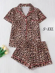 Women's Leopard Print Short Sleeve Pajama, Elegant Chic Button Up Lapel Neckline Top & Shorts Pj Set, Ladies Sleepwear for Summer, Loungewear, Womenswear, Homewear