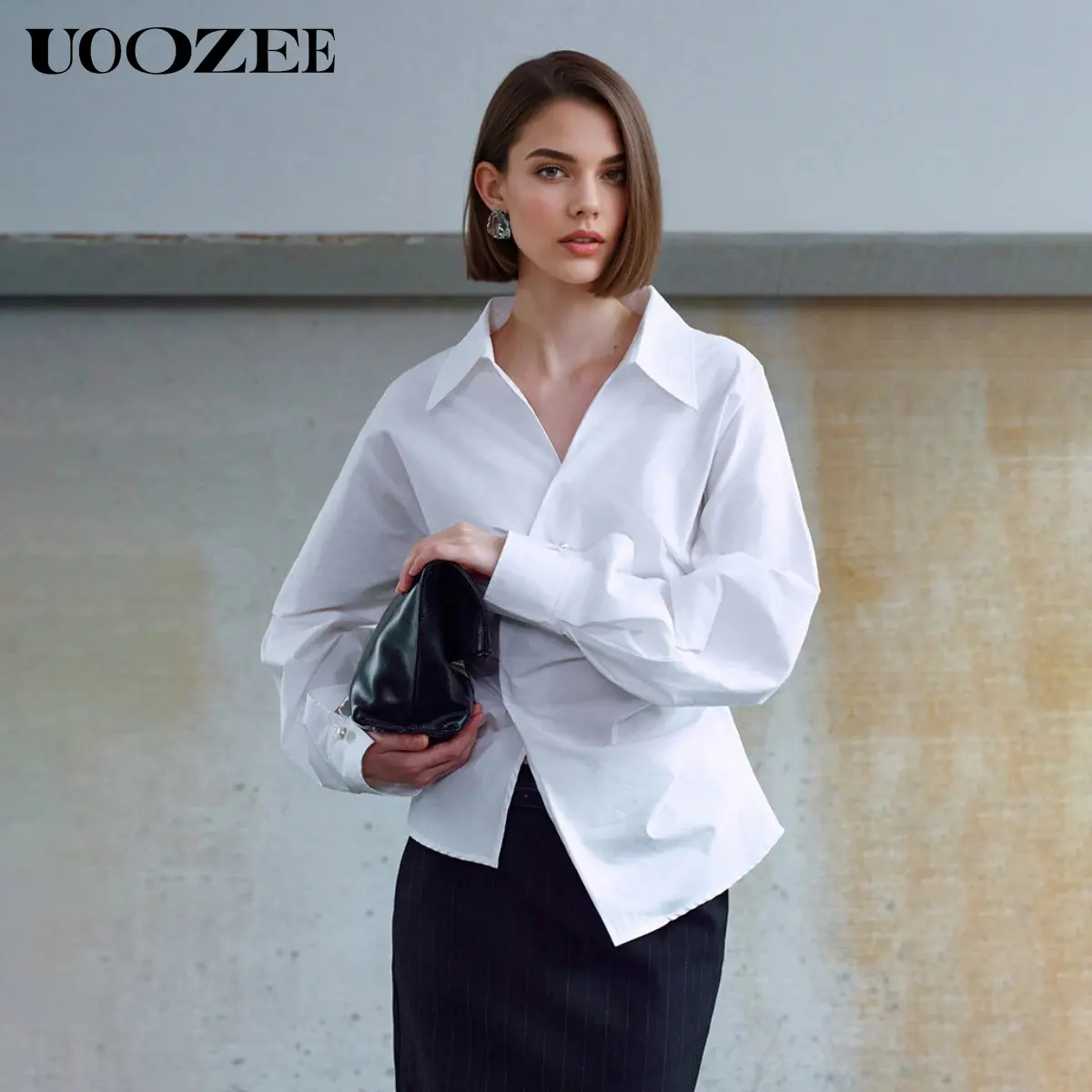 UOOZEE Women's 100% Cotton Asymmetric Wrap Blouse, Smooth Draped V-Neck Long Sleeve Top for Office & Cocktails, Garments