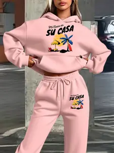 Autumn Winter Hooded Sweatshirt Set, Vintage Beach Scene Umbrella Chair Palm Tree Surfboard Illustrations, Casual Loose Fit