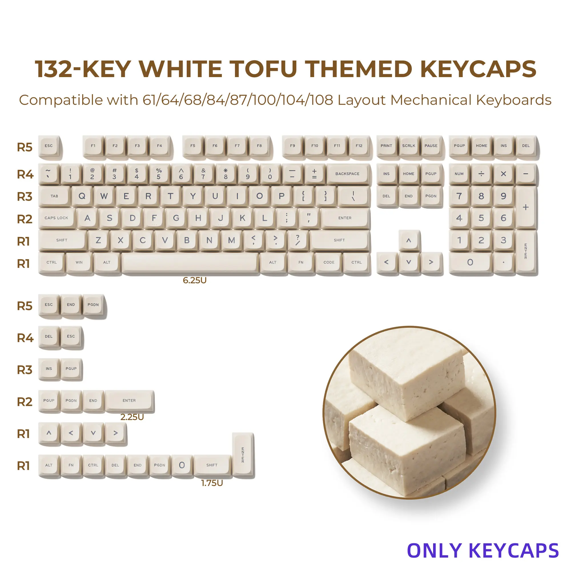 XVX White Creamy Tofu Block PBT Double Shot MDA Profile Keycaps minimalist style for Compatibility for MX-Style Switches Mechanical Keyboards 132-key Keycap Set（Keycaps Only, Keyboard Not Included）