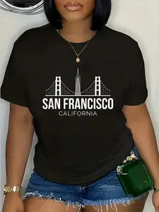 Women's 100% Cotton Round Neck Short-Sleeve Casual Everyday Graphic T-Shirt, San Francisco SF Bay Area California Skyline Print