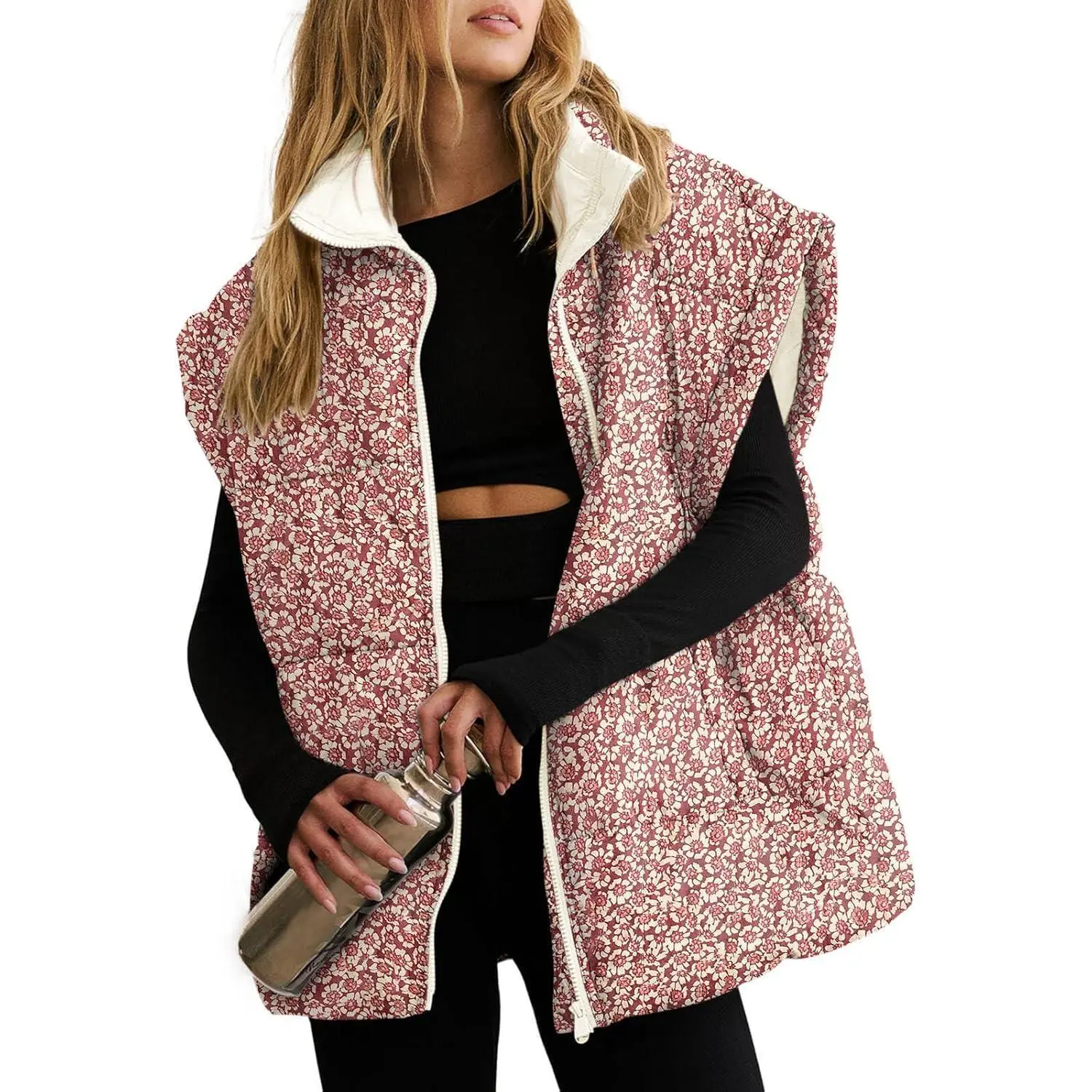 Imily Bela Womens Floral Oversized Puffer Vest Cap Sleeve Winter Warm Puffy Quilted Jackets Coa