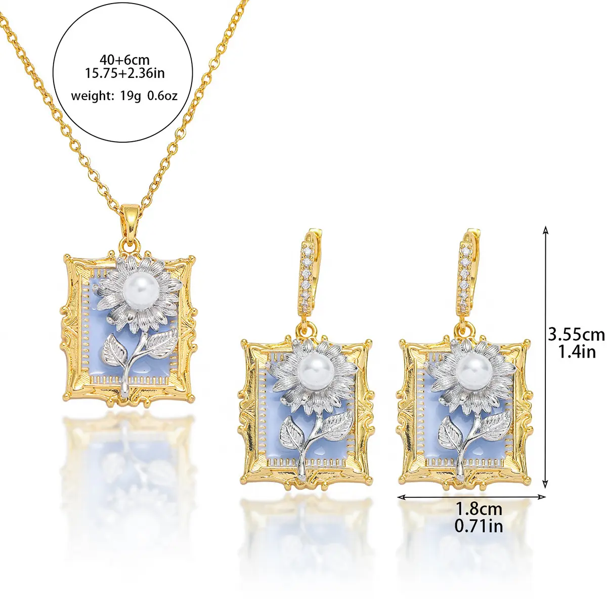 3PCS Jewelry Set Retro Flower Necklace & Earrings Elegant Sunflower Oil Painting Design in Blue Necklace 40+6cm Chain Length