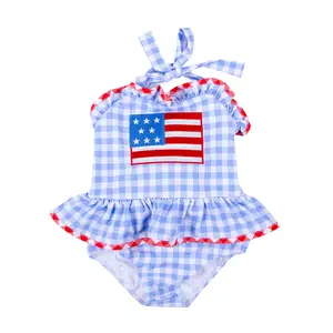 Americana One Piece Swimsuit - Girls Blue Gingham Flag Swimwear