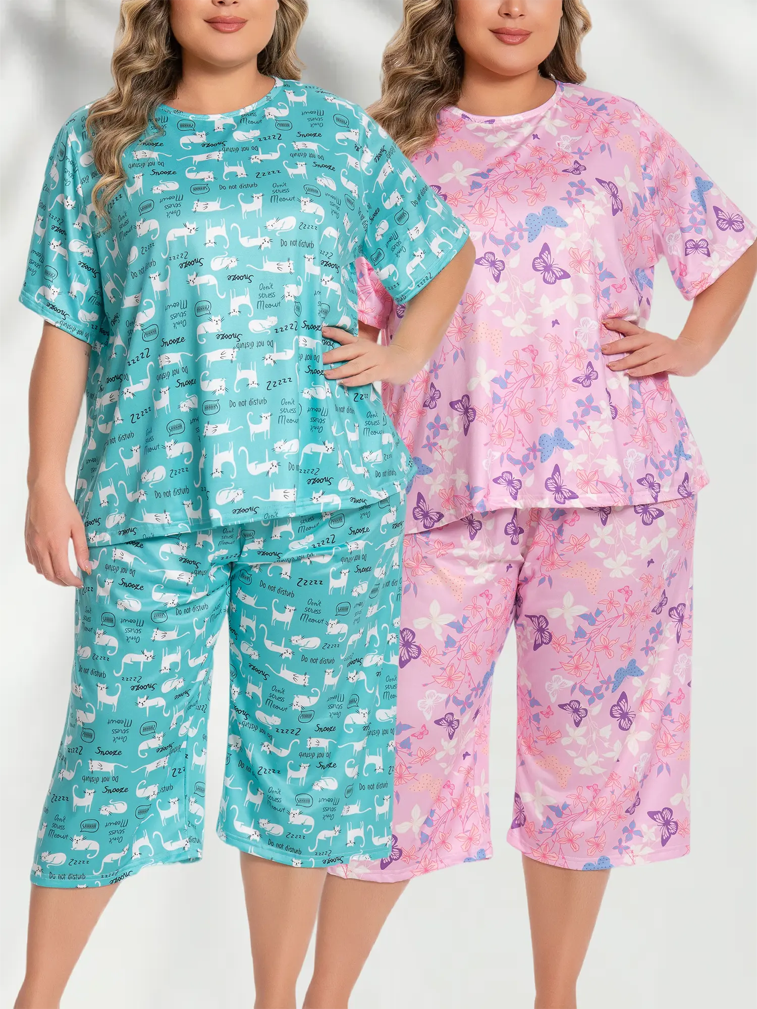 LONAGIRL Women's Plus Size (1XL-5XL) 2-Piece Pyjamas Set - Shortsleeve Top + Capri Pants, Cute Cartoon Print, Comfortable Loose Loungewear (2 Styles, Striped, Red) for Outdoor Fun Clothes summerwins