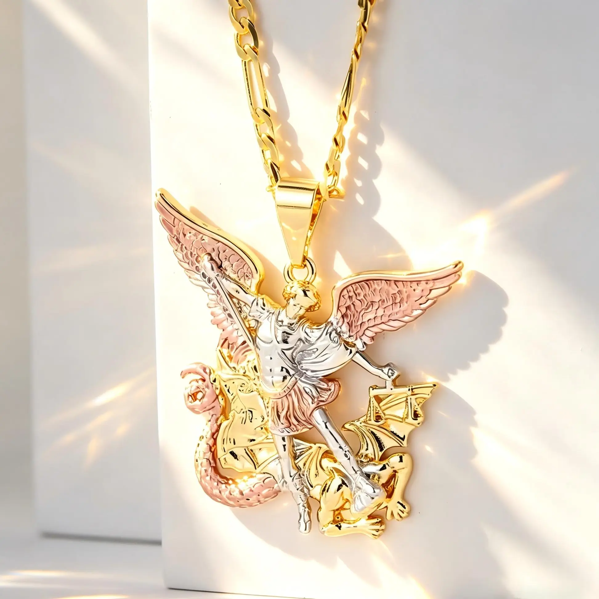 St. Michael Necklace 14K Real Gold Plated Copper Tri-color Archangel Pendant Protection Amulet Religious Jewelry for Men Women Elegant Spiritual Accessory