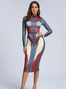 Printed Stand-up Collar Bodycon Dress Casual Womenswear