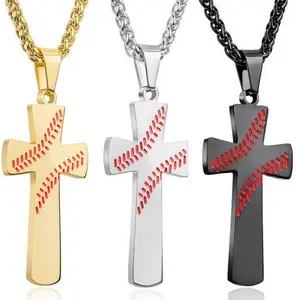 Everything Baseball Sports Jewelry Gift - Stainless Steel Baseball Cross Pendant 23" Necklace - Choose Gold, Silver or Black