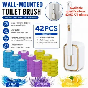 Disposable Toilet Brush with Base, 42/54/72 Heads, Deep Clean Tool, Wall-Mounted System for Toilet, Bathroom, Bathtub Cleaning, Toilet Brush with Holder