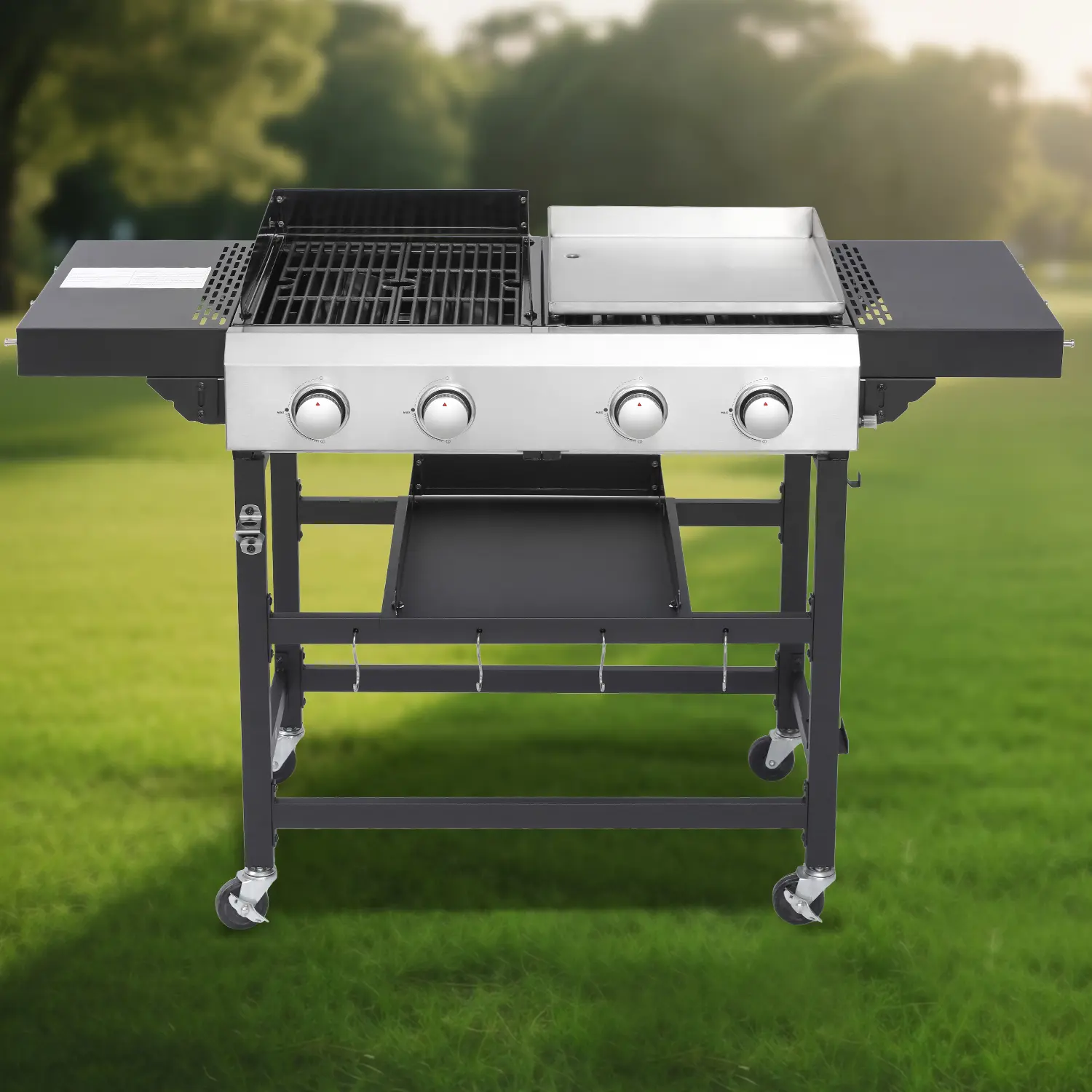 Outdoor Propane Griddle Grill with Dual Burners and Stainless Steel Cooking Surface, Freestanding Portable Barbecue for Camping, Backyard, Patio, Tailgating, and Outdoor Kitchen