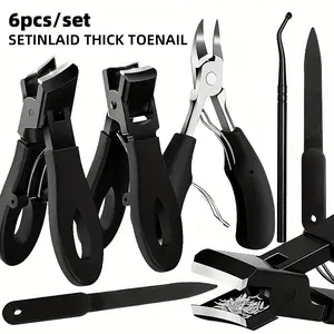 6Pcs Thick Toenail Clippers Set, Professional Ingrown Nail Nippers Kit with Straight & Angled Wide Jaw Cutters, Nail File, Cuticle Pusher, Anti-Splash Catcher for Pedicure