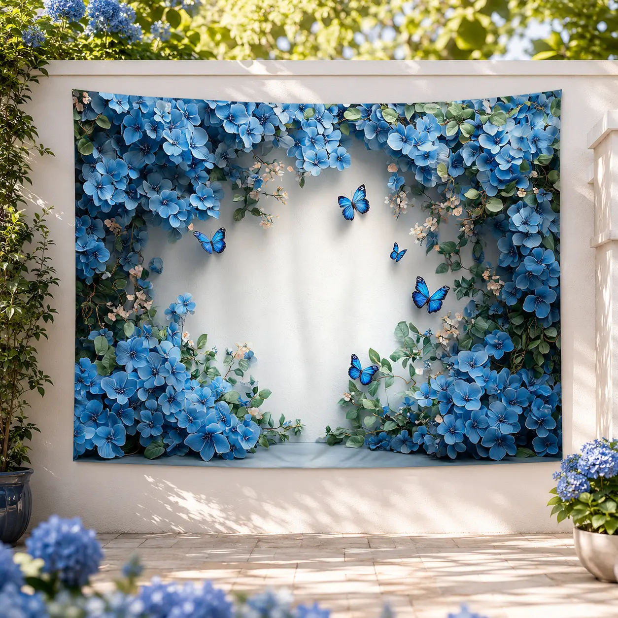 Blue Floral Tapestry Wall Hanging - Photo Butterfly Prop Festive Backdrops & Banners, Floral Arrangement Dainty Festive Backdrops & Banners, Aesthetic Home Decor for Bedroom Living Room