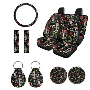 Colorful Mushrooms Print Car Seat Covers Full Set with Car Seat Cover Set, Steering Wheel Cover, Car Seat Belt Covers,Auto Coasters Set of 2,keychain for All Season Fun Car Accessories automotive decor