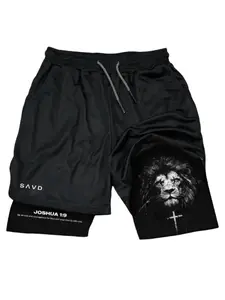 Joshua 1:9 Lion Performance Shorts Summer Double Layer Beach Pants Fitness Training Pant Sports