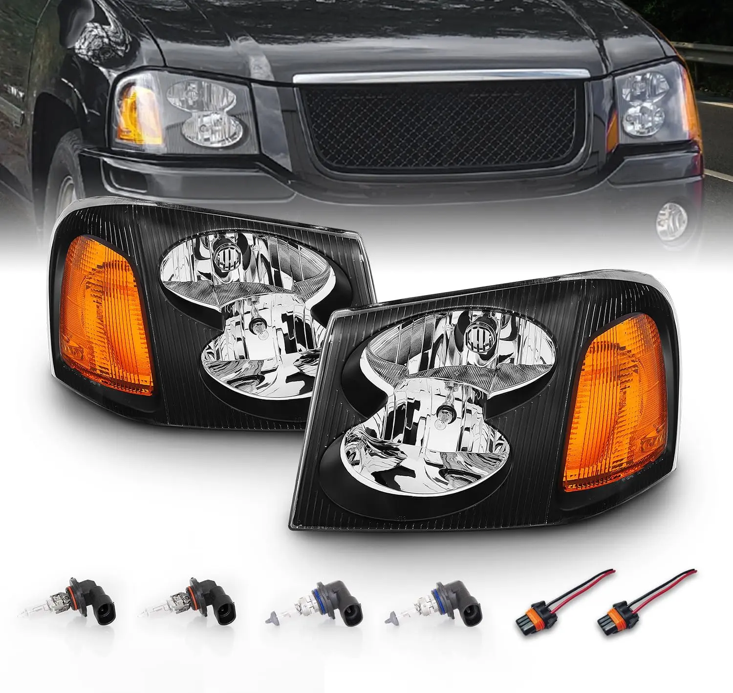 AmeriLite Black Replacement Headlights Set For GMC Envoy - Passenger and Driver Side with Hi/Lo Beam Bulbs