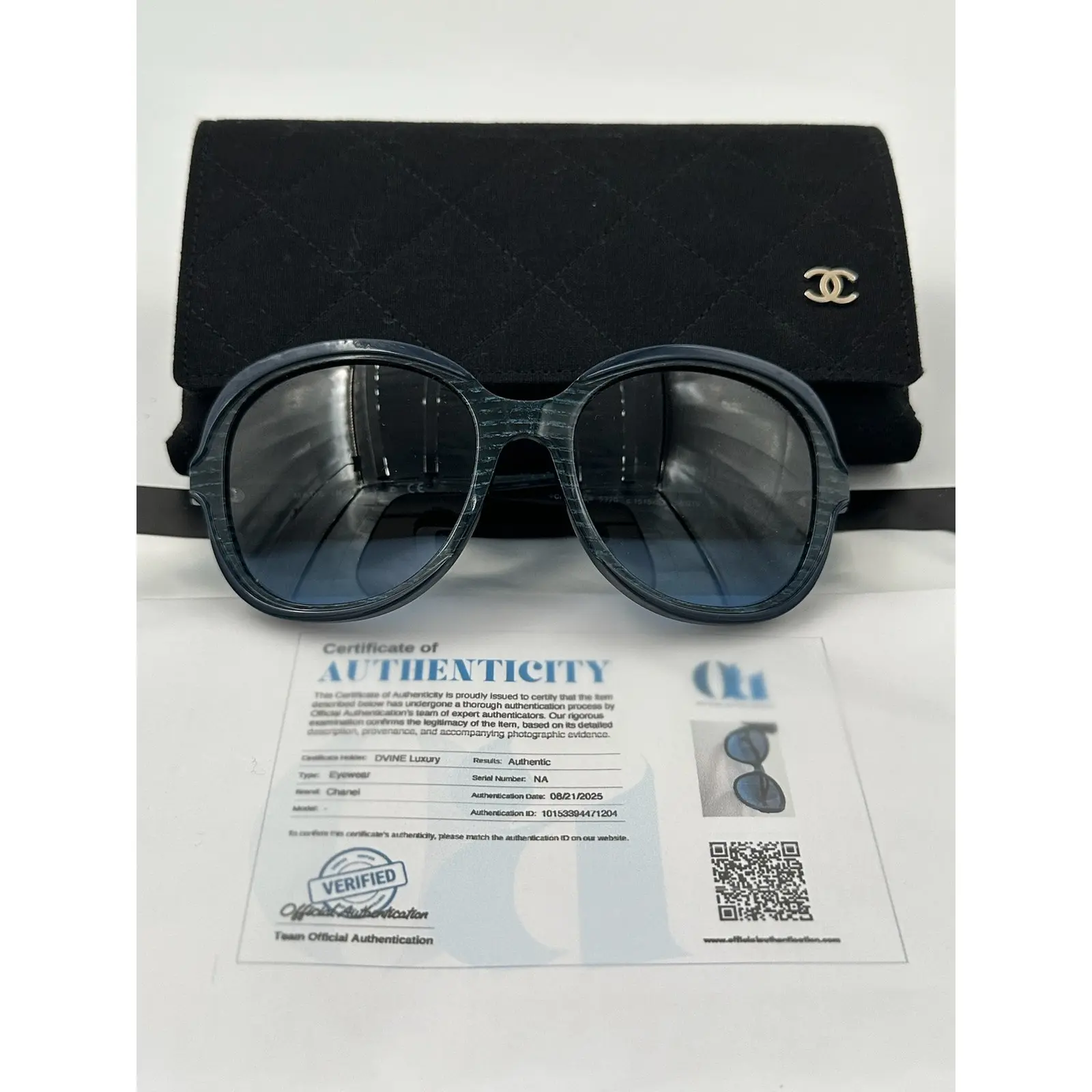 Pre-owned Oversized Chanel Acetate Sunglasses Rounded Frames with Blue Print, Wood Grain Like Texture, Official Authentication