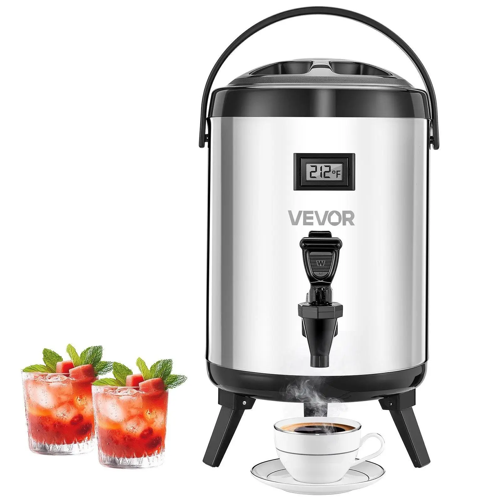 【Summerfinds】VEVOR Insulated Beverage Dispenser,  1.5 Gal/6L Stainless Steel Thermal Drink Server with Spigot & Temp Display, Suitable for Hot and Cold Drinks, for Tea Coffee Water in Cafes & Restaurants, Silver