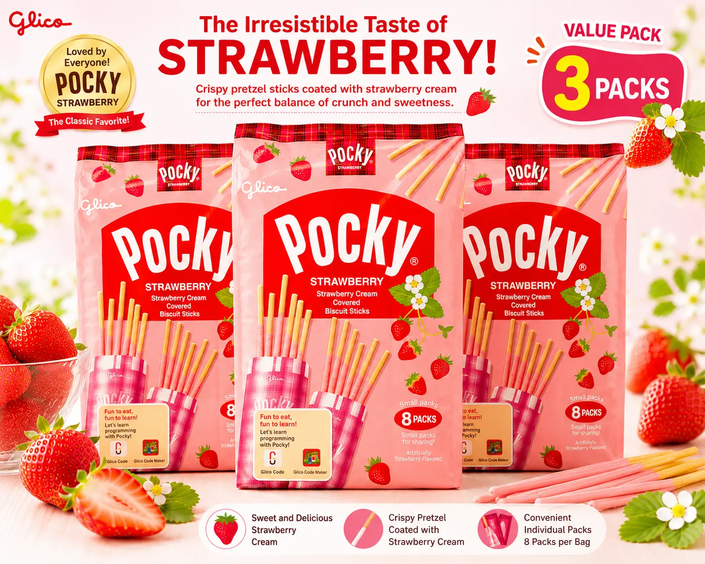 GLICO POCKY STRAWBEERY FROM JAPAN 3 PACKS