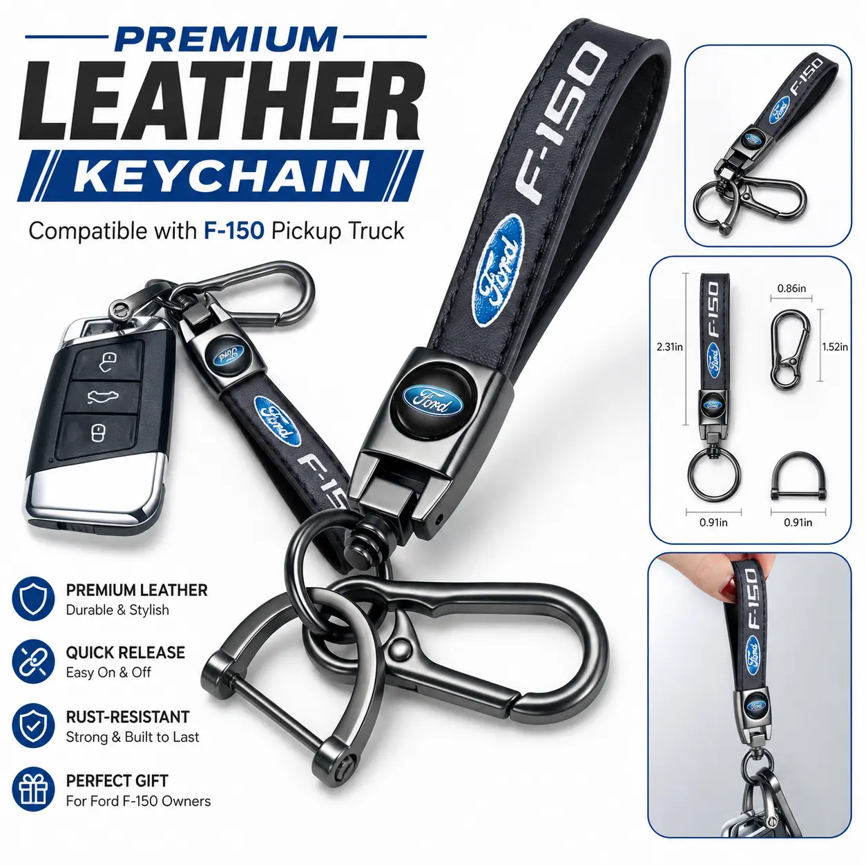 Genuine Leather Car Keychain for Ford F150 F-150 Series, Heavy Duty Metal Key Chain Ring for Men & Women, Premium Car Accessories, Anti-Lost Key Holder, Durable Ford F150 Keychain Ford Truck Accessories Car Keychain Set