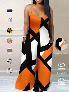 Women's Colorblock Print Pocket Cami Jumpsuit, Casual Comfy Jumpsuit, Casual Sleeveless Wide Leg Jumpsuit for Daily Wear, Ladies Clothes for All Seasons, Womenswear