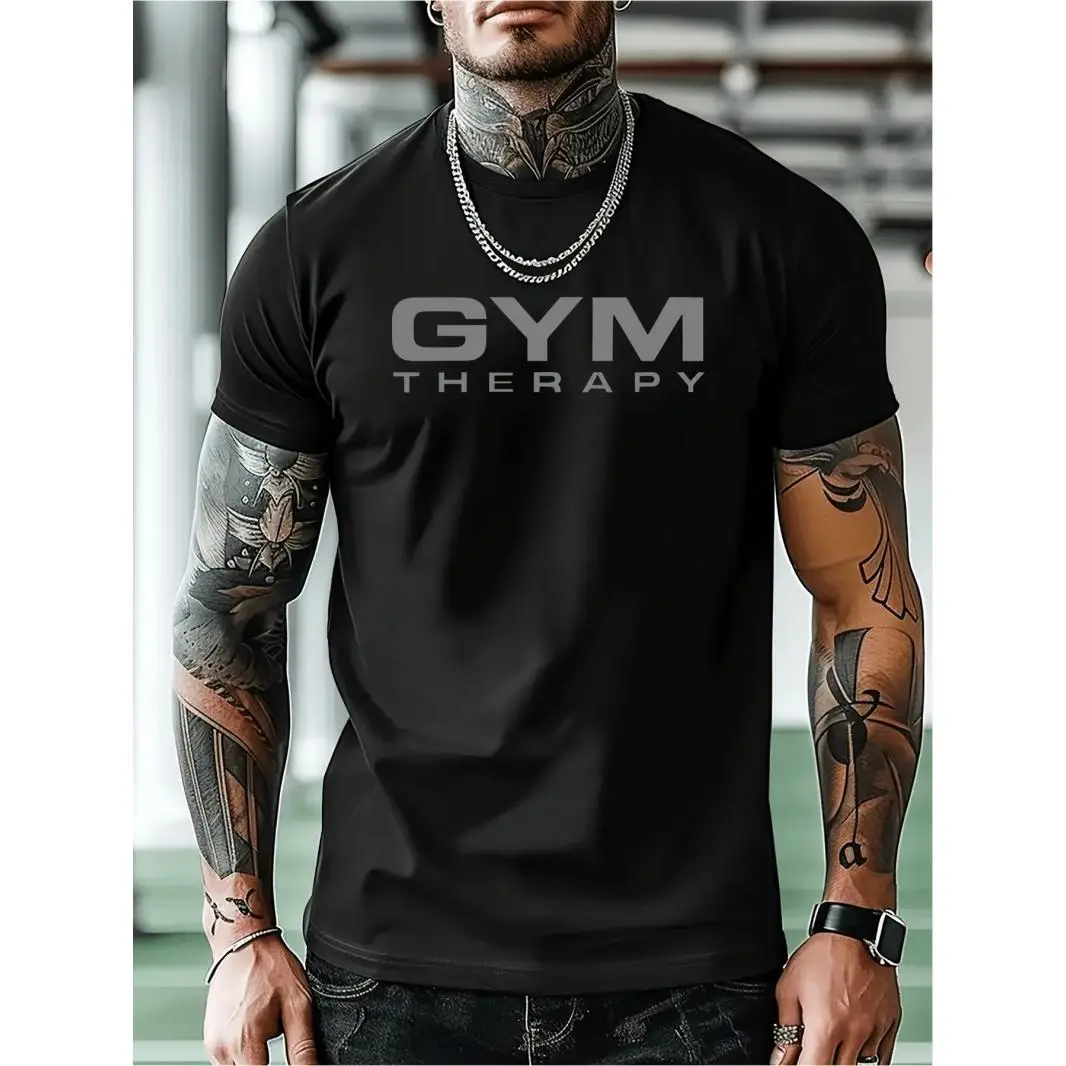 Mens Gym Therapy Graphic Tee Short Sleeve Crewneck Workout Shirt Breathable Streetwear Top for Training Lifting Running Fitness Athletic Fashion Activewear
