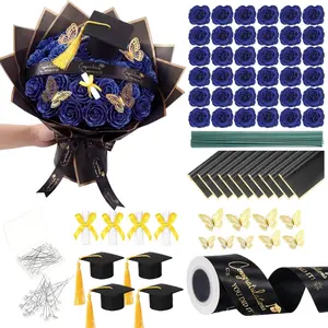 68 Pcs Graduation Glitter Roses Bouquet Set Include Glitter Rose Wrapping Paper Ribbon Butterfly Gem Pins Scroll Mini Grad Cap for Grad Party DIY Flower Money Bouquet Gifts(Royal Blue, Black)