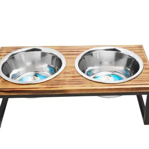 Indipets Wooden Elevated Feeder with Removable Stainless Steel Bowls - Set of 2 Dog Bowls for Food and Water