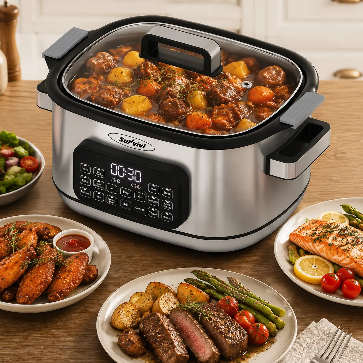 Sunvivi 12-in-1 6.5QT Silver Digital Multifunction Cooker - 1500W 120V Roaster Oven with Digital Display, Rack, Nonstick Aluminum Pot, Glass Lid, Timer, Temp Control, Delay Start, Household Meal Prep Essential， preset mode， home essentials