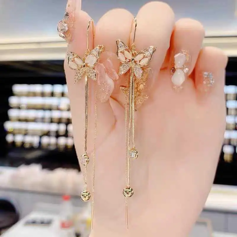 Cat's Eye Stone Butterfly Ear Threaders Fairy Long Tassel Earrings Korean Elegant Stylish Unique Trendy Anti-Loss Jewelry for Women HNAL36