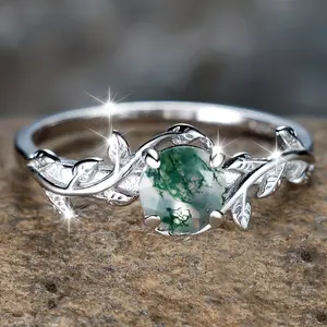 S925 Mother's Day Natural Moss Agate Ring with Leaf Design, Elegant and Stylish Hypoallergenic Sterling Silver for Women, Perfect for Casual and Daily Wear, Engagement Ring Birthday Gift, Mother's Day Gift