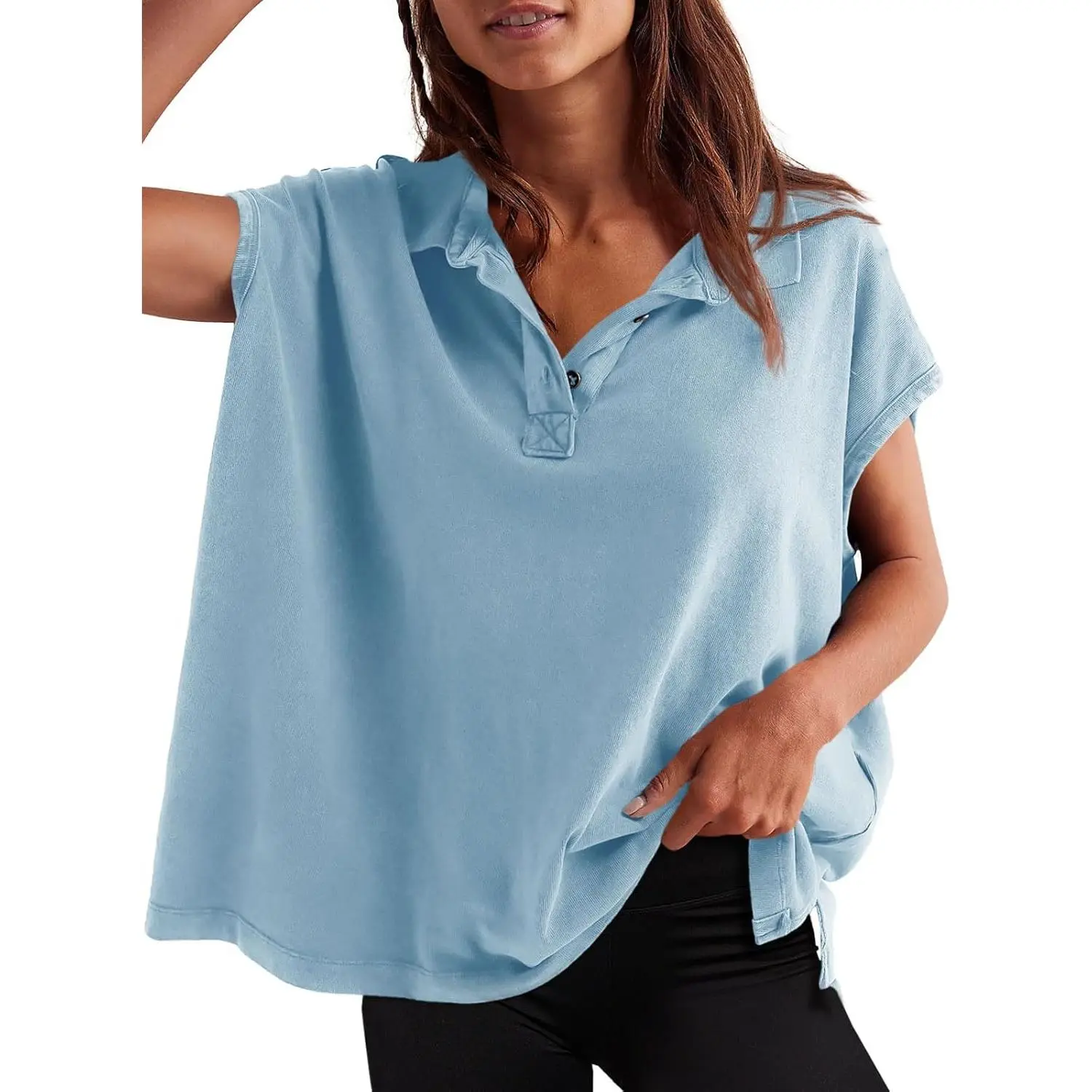 Womens Cotton Blend Polo Shirt, Minimalist Preppy Style V-Neck Top with Cap Sleeves, Casual Loose-Fit Button Top for Everyday Fits, Basic
