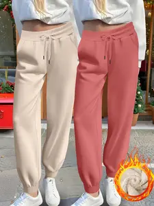 Women's Casual Fitted Joggers, Thick Lamb Wool Sweatpants, Fall & Winter Warm Pants, 2 Pack Solid Color Tracksuit Bottoms