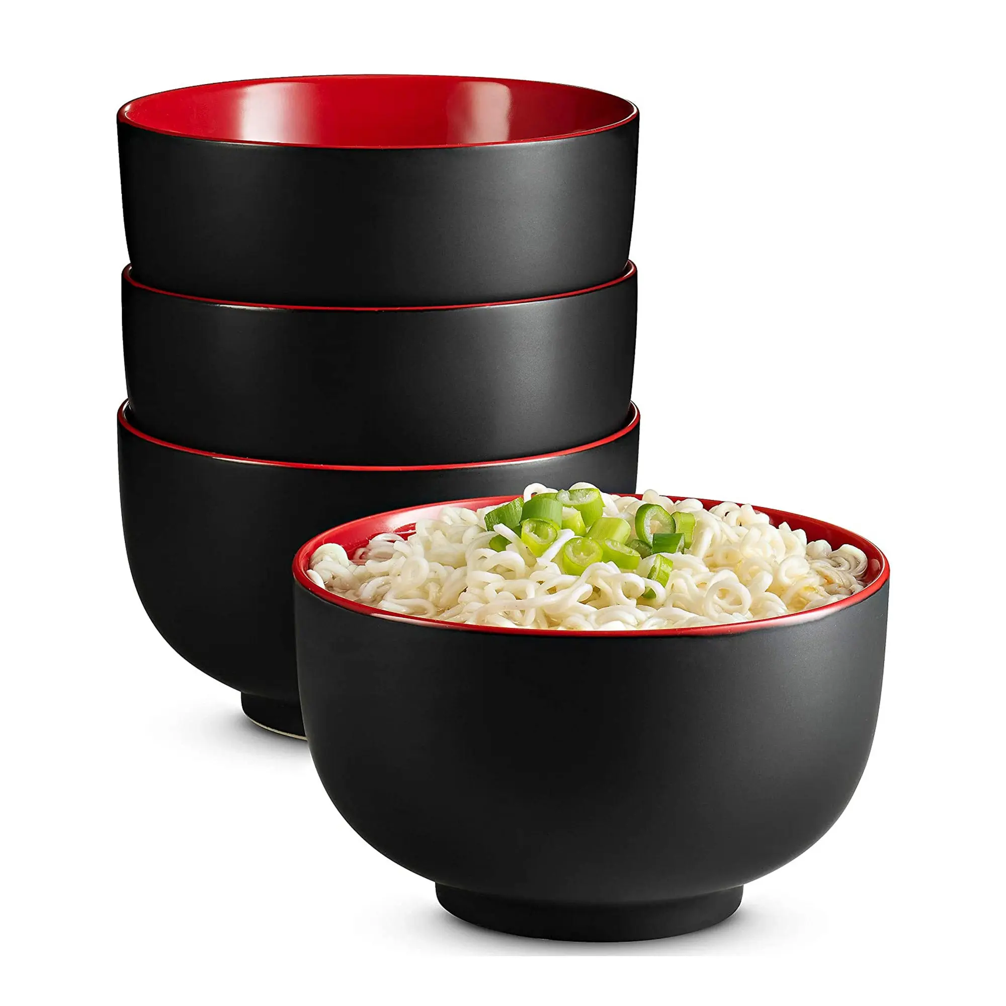 Kook Asian Noodle Bowls Set of 4, 34 oz, Set of Black and Red Colors