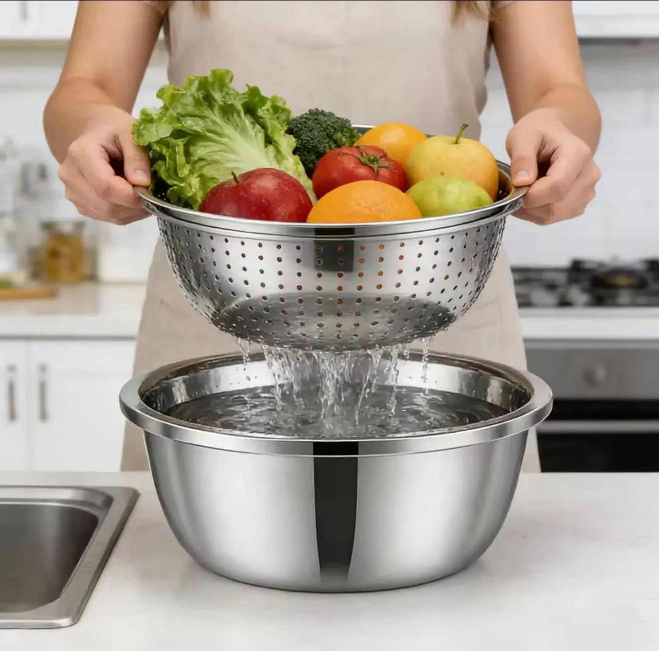 3PCS Multi-Functional Thickened Stainless Steel Bowls with Draining Basket – Perfect for Washing Veggies, Rinsing Rice, Colander & Mixing Bowl, Durable Rust-Proof, Space-Saving Nesting Design, Dishwasher Safe, Essential Versatile Kitchen Set