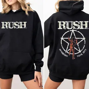 Women's Fitted Cotton Hoodie Tops - Solid Crew Neck, Drawstring Yarn Fleece Jersey, 1977 Retro Rush American Tour Printed Rock Band Pullover, Polyester-Spandex Fabric, Matching Bottom Compatible