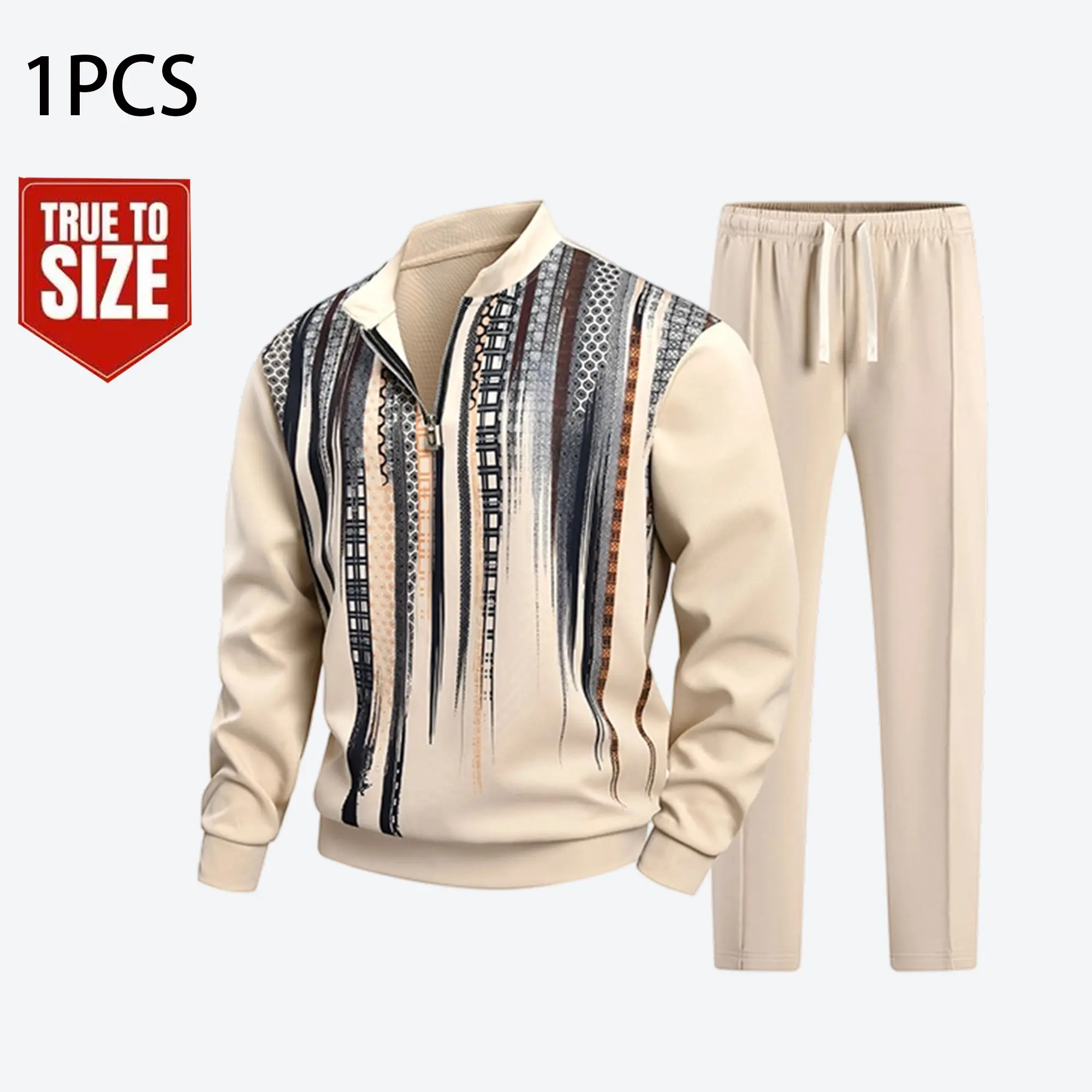 Men's vertical stripe 3D three-dimensional printing two-piece sports suit, retro long-sleeved sweater + trousers complete set, soft and skin-friendly casual sports wear, suitable for daily travel in autumn and winter