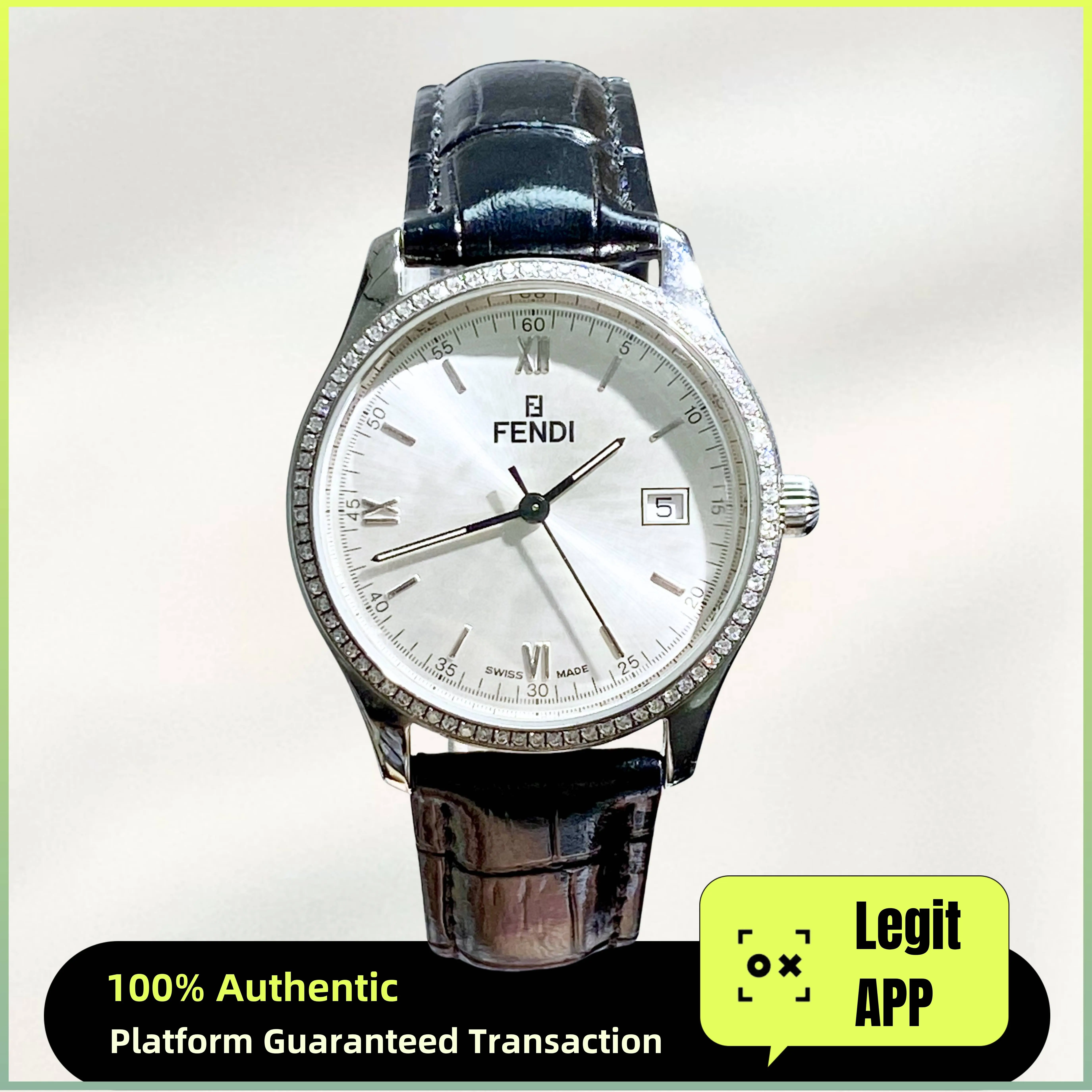 Fendi Vintage 35mm Quartz - Silver Dial, Leather Strap & Diamond-Set Caseback Unisex Watch 11912096