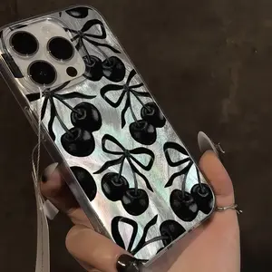 A full-screen black bow cherry hard-shell soft-edge shiny luxury phone case, compatible with iPhone 17/16/15/14/13/12/11/X/XS/XSMAX, holiday accessory, suitable as a gift, Tpu, Holiday Gift, Accessories, Smartphone