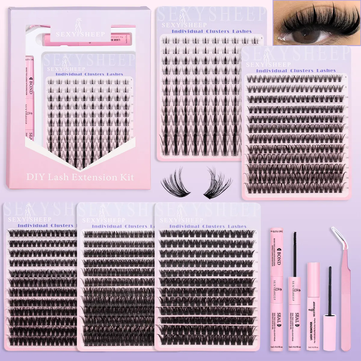Mixed Eyelash Cluster Set, Individual Eyelash Extensions, 8-16mm, Manga Lashes, Natural & Dense Lashes, Waterproof Long-Lasting, Includes Bond & Sealer+Remover+Tweezers, DIY at Home, Diy Personal Lashes, DIY Volume Eyelashes