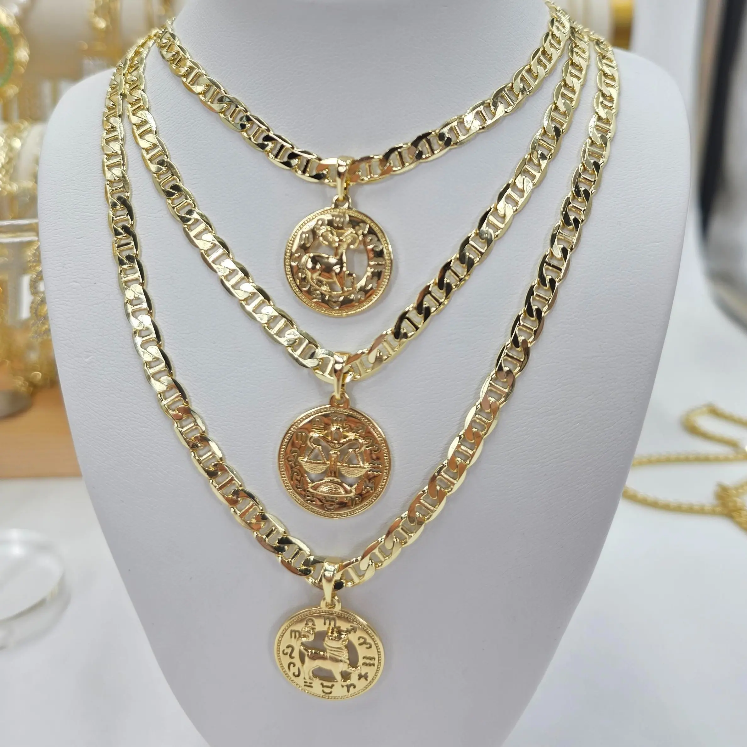 Xuping Gold-Plated Multilayer Statement Necklace - Zodiac Gold Coin Medallion Pendant, GG Chain, Astrological Charms, Duo Necklaces, Fashion Chic Costume Jewelry for Women, Daily Wear Gift, Gold Coin Necklaces