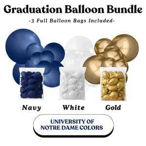 Graduation Balloon Bundle - University Of Notre Dame Colors Navy, White, Gold - Sizes 5"- 12"- 18"
