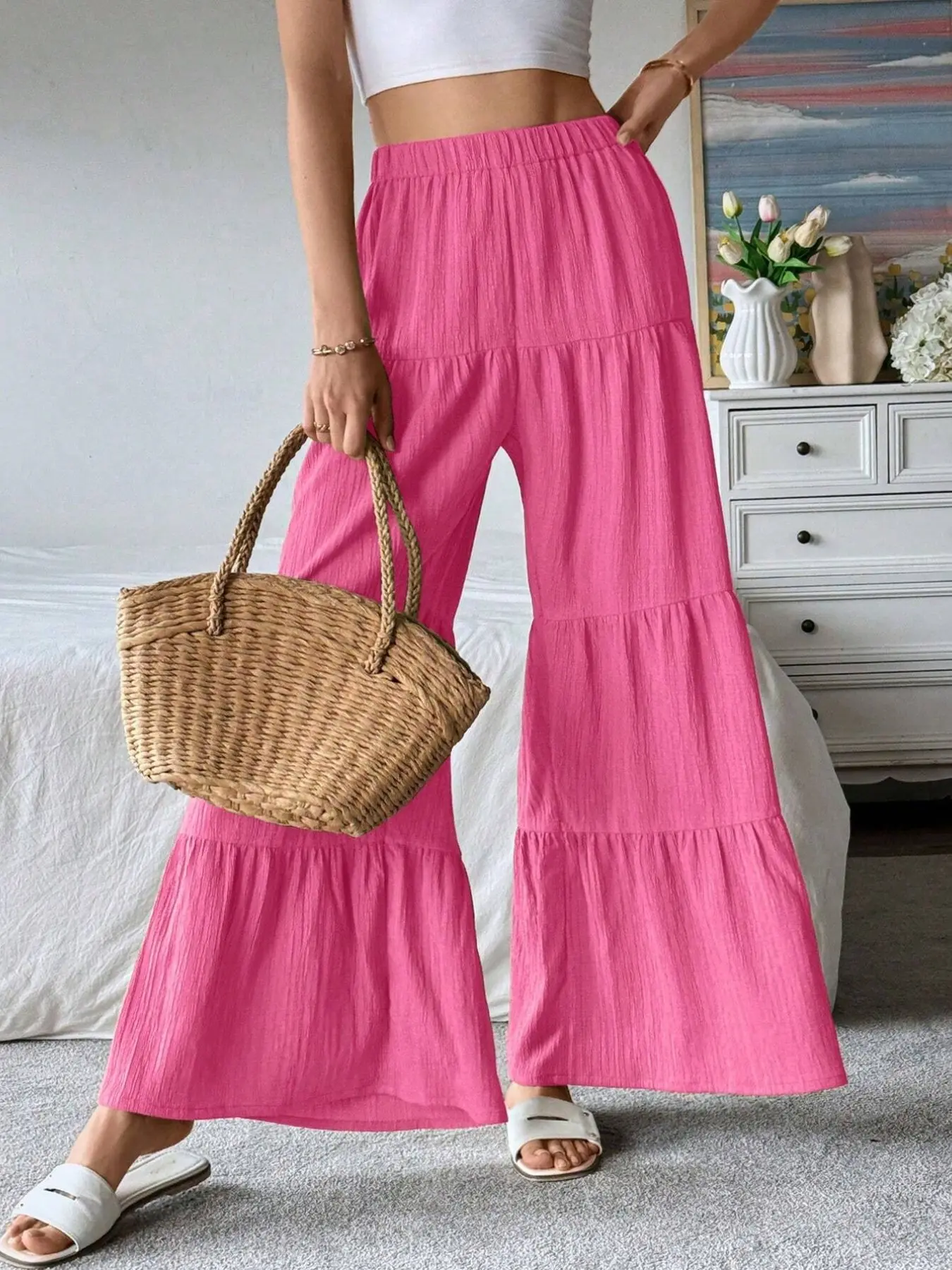 Women's Rose Layered Ruffle Wide Leg Pants, Elastic High Waist Lightweight Casual Vacation Summer Pants, All Seasons, Loose-Fitting, Trouser, Bottom, Boho casual trousers, Boho Casual Clothes