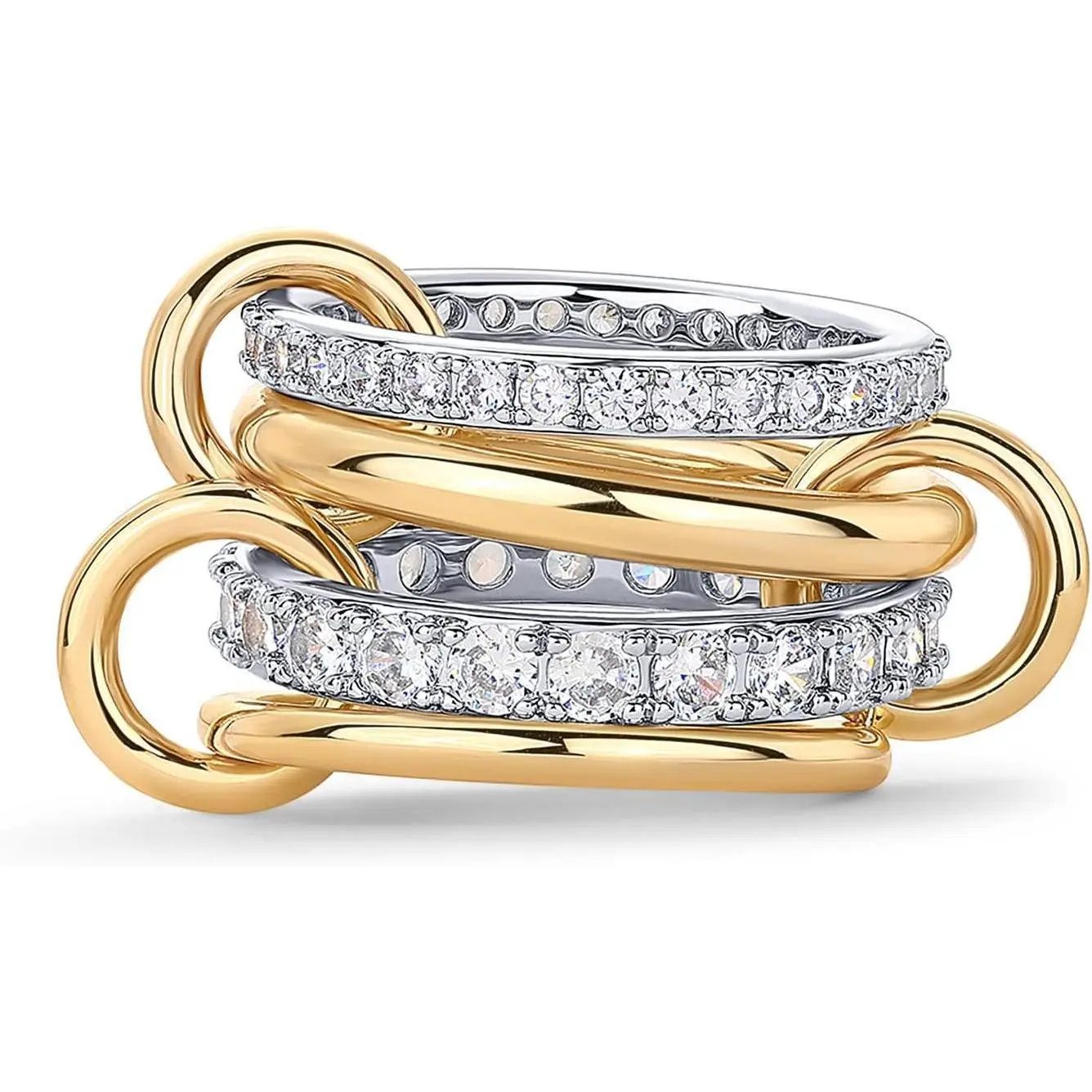 Gold Plated Interlocked Stackable Rings for Women - Statement Mixed Metals Multi Ring Stack - Cubic Zirconia Two-Toned Connected Bands Stacking Jewelry