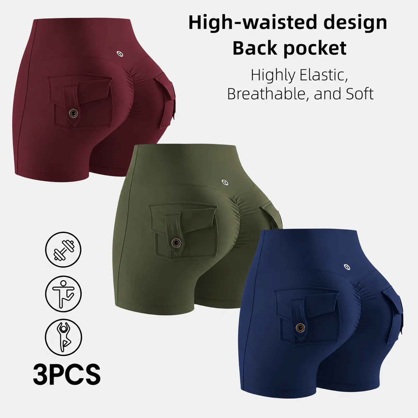 3 Pack High Waist Cargo Biker Shorts for Women, Stretch Soft Workout Yoga Shorts with Back Pockets, Breathable Tummy Control Athletic Gym Running Shorts