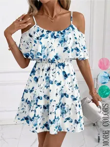 Women's Floral Print Ruched Off-Shoulder Casual Vacation Date Mini Dress Floral Dresses For Women Ruffle Dress Festival Dresses Summer Dress Birthday Dress Casual Dress For Women Summer Women's Comfortable, Loose, Elegant, Casual Off-Shoulder Floral Print