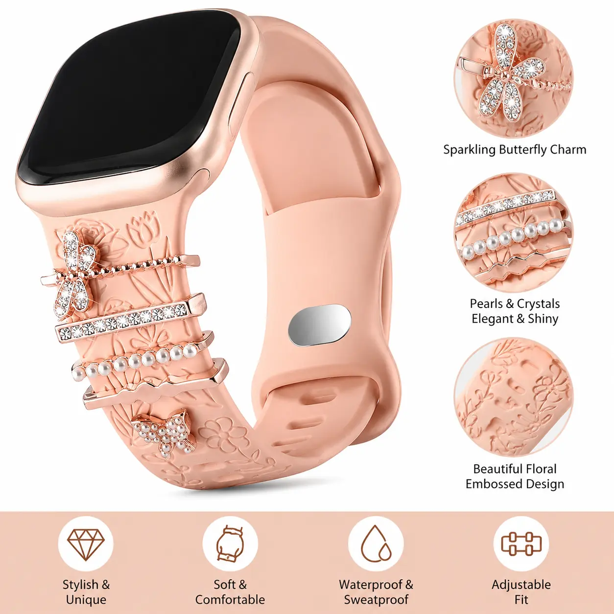 Women’s Jewelry Style Watch Band, Pink Floral Silicone Strap with Multiple Charm Accessories, Butterfly Pearl Crystal Decor Adjustable Replacement Wristband Compatible with Smart Watch