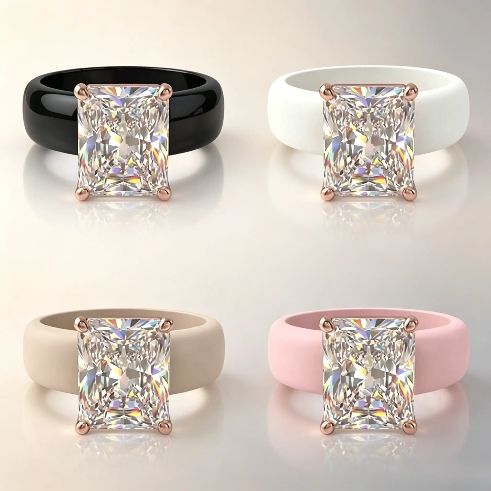 Female Square Stone Radiant Cut Moissanite Ring - Rose Gold 4-Prong Waterproof Silicone Band, Stackable Non-Tarnish Casual Everyday Costume Jewelry for Engagement, Wedding