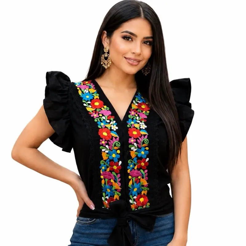 Embroidered V Neck Top with Tie Front Comfortable Fit in Black Beige White Made in Mexico Casual Chic Blouse for Womenswear - Shirts, Boho Style