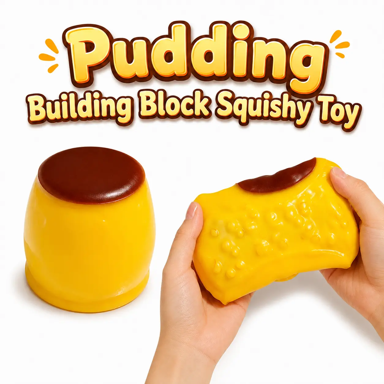 Clicking Sound Squishy Fidget Toy, Pudding-Shaped Building Block Toy with Blocks Inside, Yellow Handheld Squeeze and Stretch Sensory Toy, Brown Top Detail, Tactile Play Accessory for Desk Use, Travel, Gifting, and Casual Fidgeting
